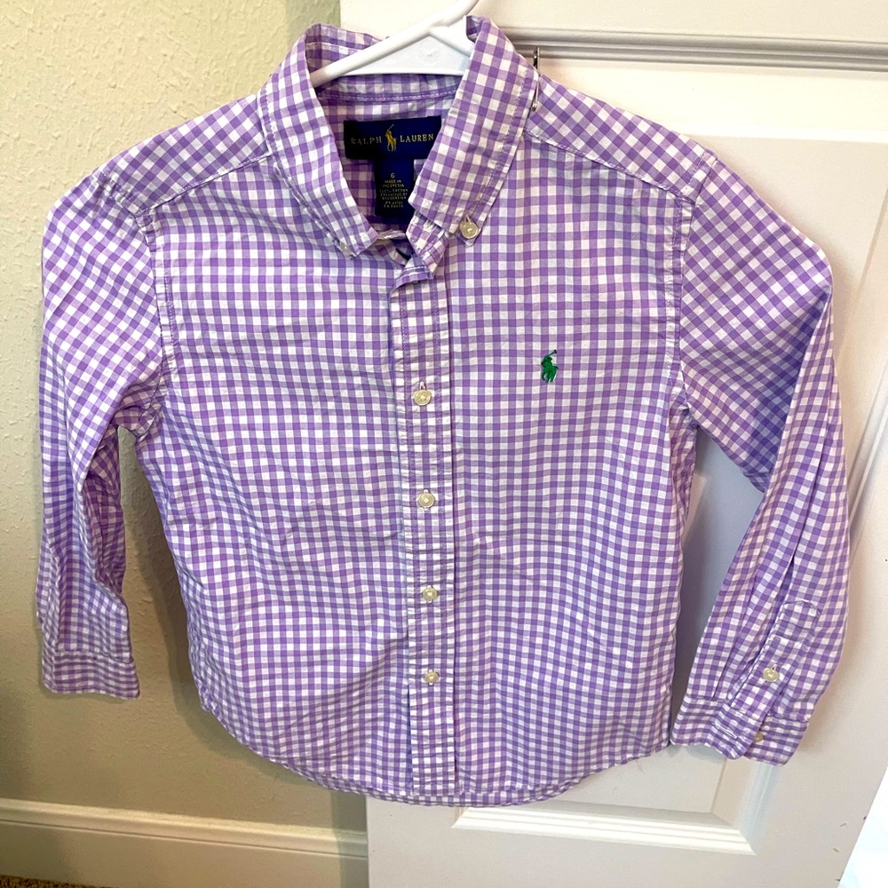 Boys 6 Ralph Lauren Purple and White Gingham Button Down